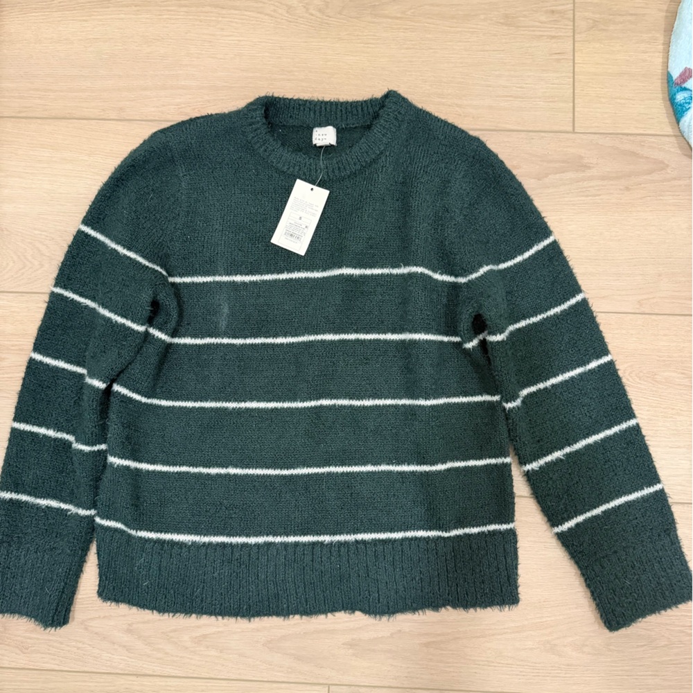 a new day Green Crewneck Sweater with White Stripes